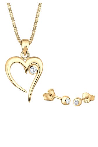 ELLI Schmuckset Herz Solitär Zirkonia In Love 925 Sterling Silber Gold