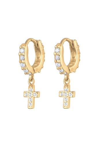 ELLI Ohrringe Huggie Hoops Creolen Kreuz Zirkonia 925 Silber Gold
