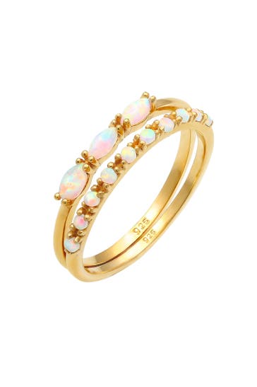 ELLI Ring Vintage Cabochon Opal 2er-Set 925 Sterling Silber vergoldet Gold