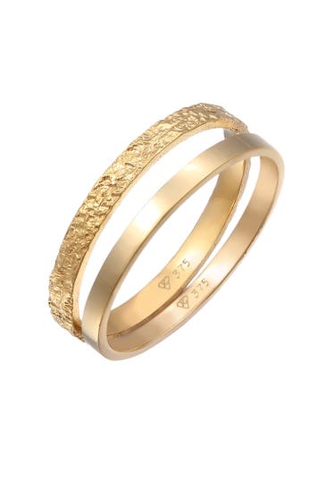 ELLI PREMIUM Ring Bandring Basic Gehämmert (Set 2-tlg) 375 Gelbgold Gold
