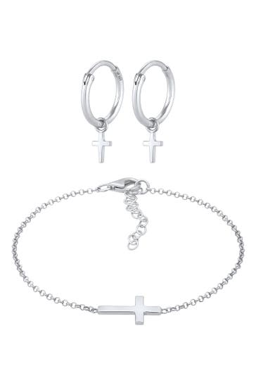ELLI Schmuckset Kreuz Symbol Armband Ohrstecker Set 925 Silber Silber