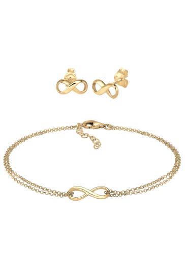ELLI Schmuckset Infinity Symbol Armband Ohrstecker Set 925 Silber Gold