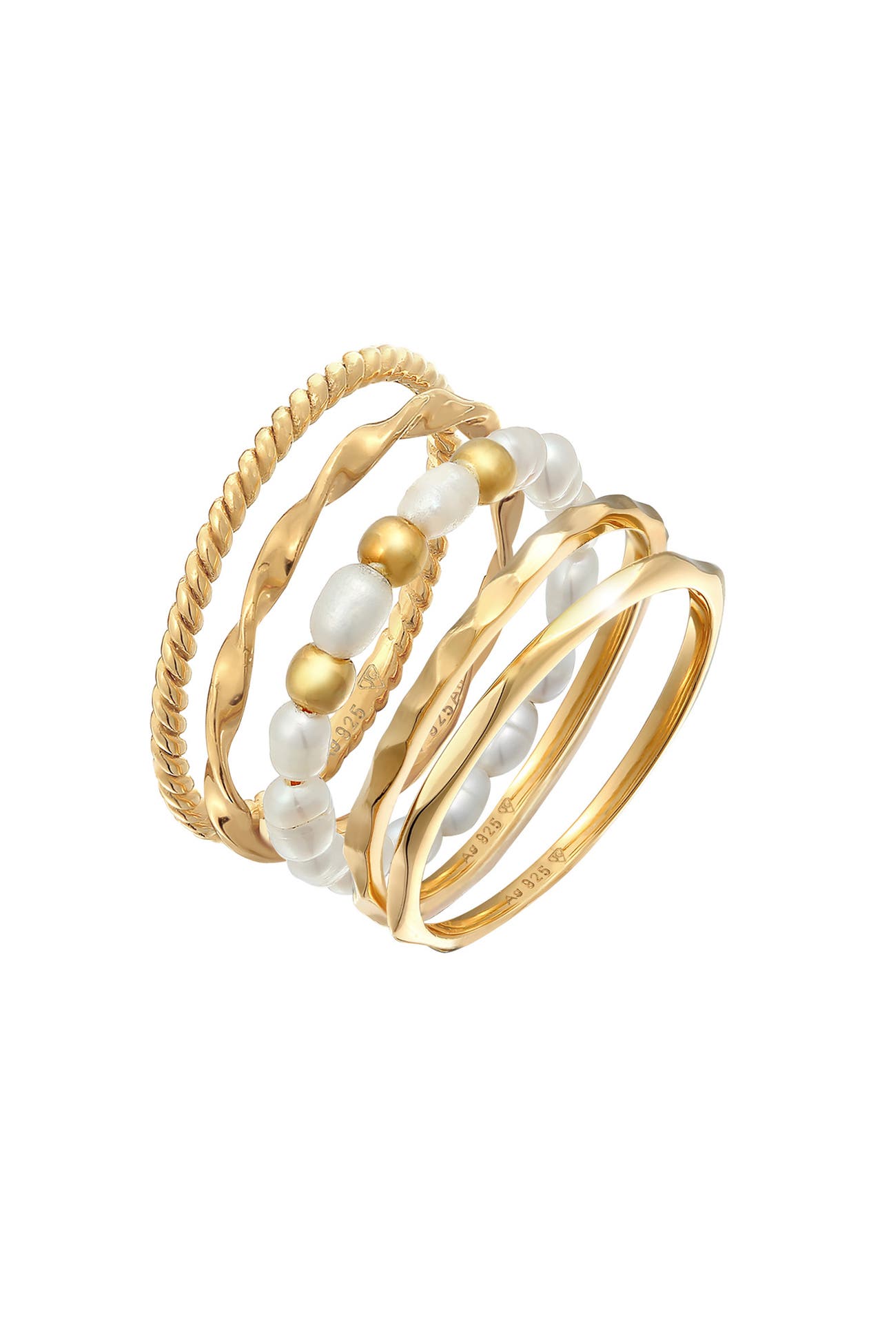 ELLI Ring Süßwasserperlen Basic 5er- Set 925 Silber Gold, Bild 1