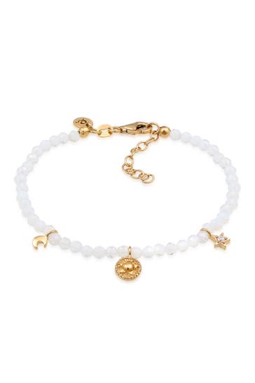 ELLI PREMIUM Armband Mondstein Perlen Sonne Mond Stern Zirkonia Weiß 925 Sterling Silber vergoldet Weiß