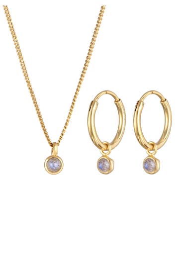 ELLI PREMIUM Schmuckset Kette Creolen Labradorite Stein 925 Silber vergoldet Gold