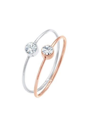 ELLI Ring Solitär Set Bicolor 925 Silber vergoldet, mit Kristallen von Swarovski® Rosegold