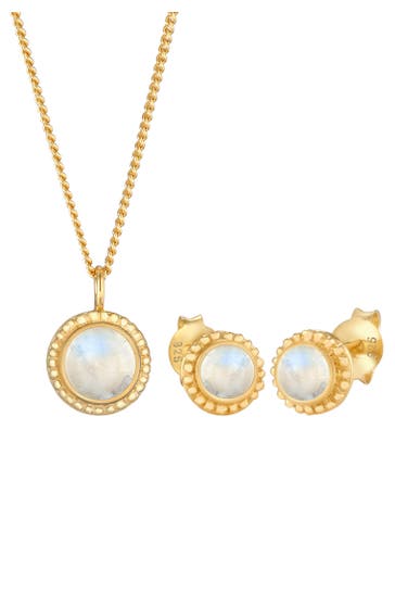 ELLI PREMIUM Schmuckset Mondstein Rund Blüte Boho 925 Sterling Silber Gold