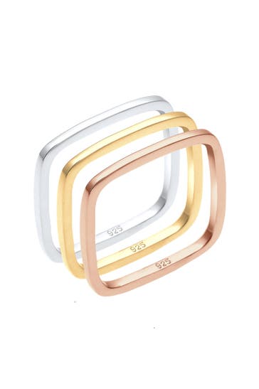 ELLI Ring Tri-Color Statement Viereck Set 925 Silber vergoldet Silber