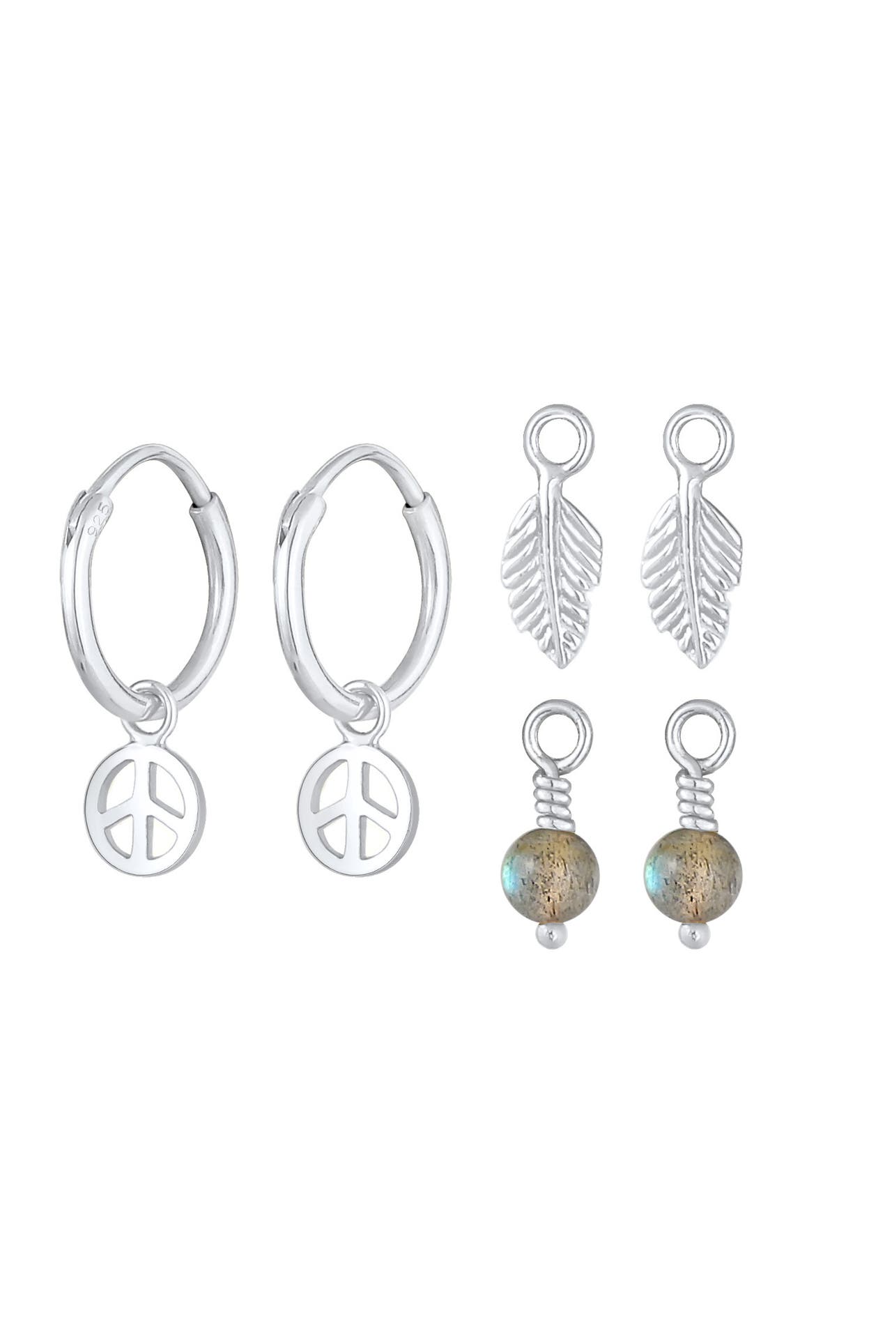 ELLI Ohrringe Creolen 3-Set Peace Feder Labradorit 925 Silber Silber, Bild 1