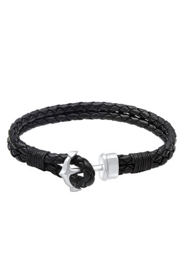 KUZZOI Armband Lederarmband mit Anker 925 Sterling Silber Schwarz