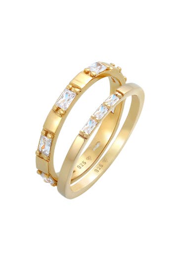 ELLI Ring Zirkonia Rechteck Bandring 2er Set 925 Silber Gold