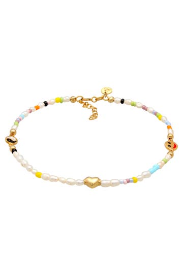 ELLI PREMIUM Fusskettchen Süßwasserperlen Yin & Yang Herz Smiling 925 Silber Gold