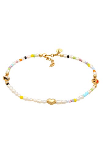 ELLI PREMIUM Fusskettchen Süßwasserperlen Yin & Yang Herz Smiling 925 Silber Gold