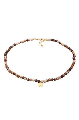 ELLI PREMIUM Kette Jasper Edelstein Perlen Plättchen 925 Silber vergoldet Braun
