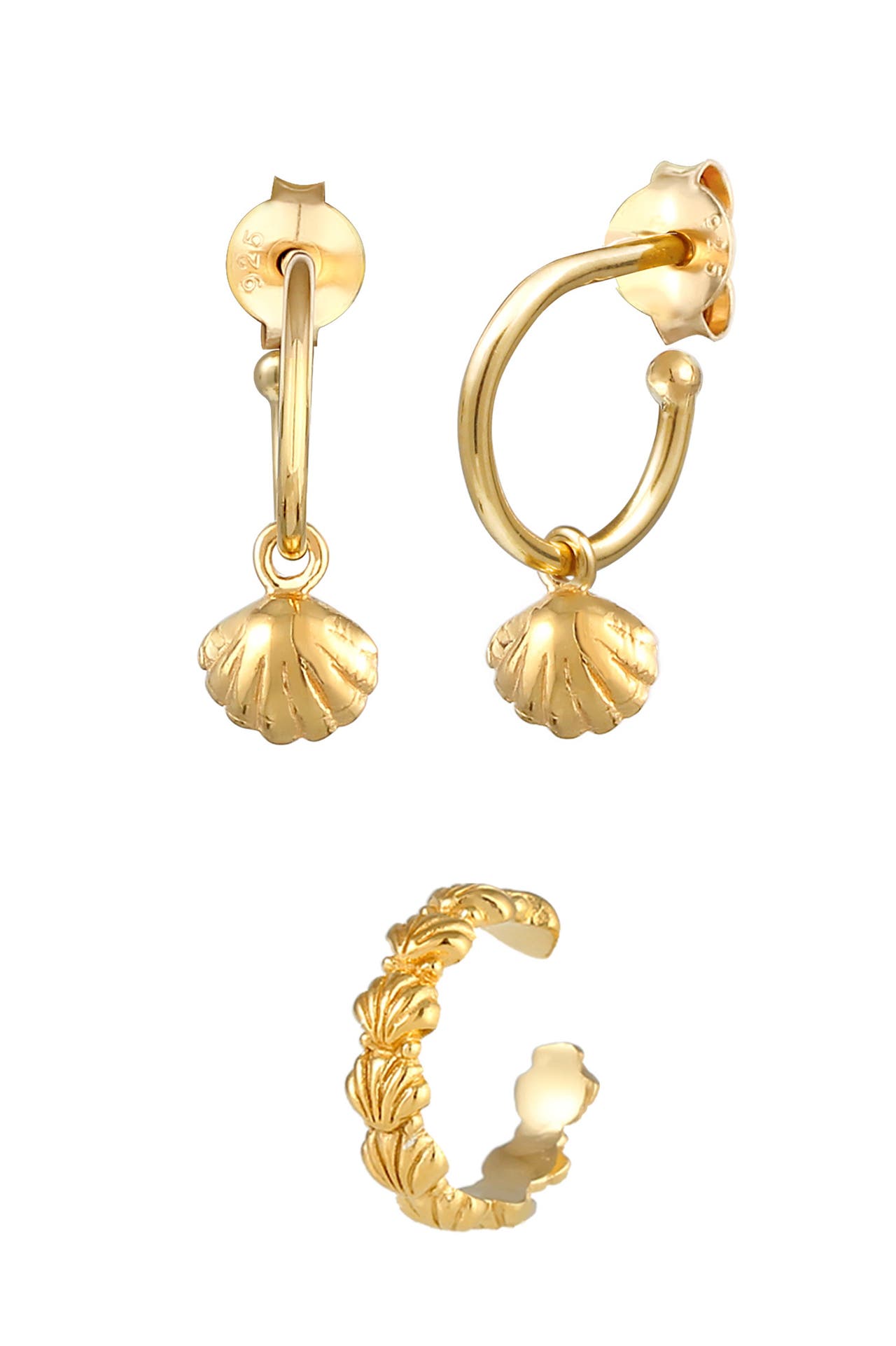 ELLI Ohrringe Set Muschel Creolen Earcuff (2 tlg) 925 Silber Gold, Bild 1