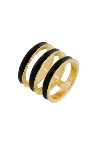 FASHIONBOX Ring rot vergoldet dreireihig mit Emaille-Einlage schwarz