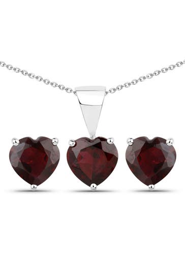 VIRA JEWELS Kette Silber 925 rhodiniert Ohrringe und Halskette mit echtem Granat in Herzform silber