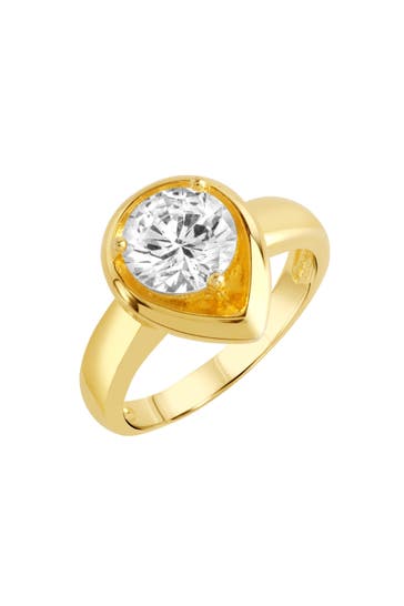 ZEEME Ring Silber 925 vergoldet Tropfen-Form mit weißem Zirkonia-Stein gelb