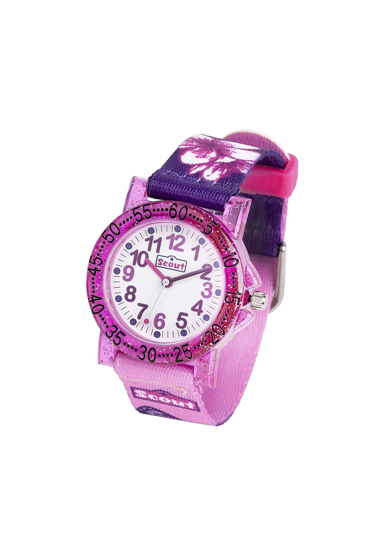 SCOUT Kinderuhr analog aus der Serie The IT Collection mit rosa lilanem Textilband, Schmetterling-Motiven und Quarzwerk, Bild 1