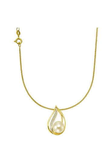 OROLINO Kette Gold 585 mit weißer Perle 9,5-10mm und 10 Brillanten zus. 0,04ct. gelb