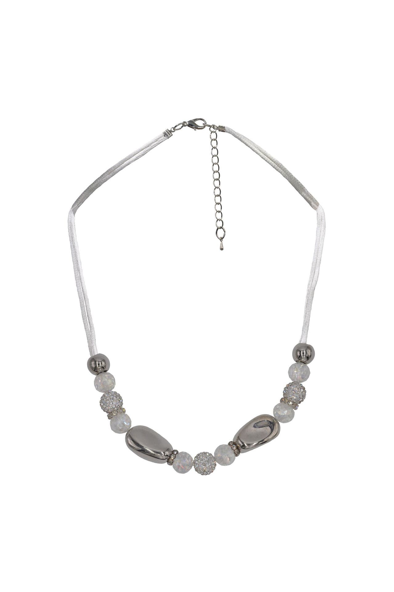 STEUER Kette Textil Metal glanz poliert Glasstein weiß silber, Bild 1