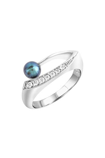ZEEME Ring Silber 925 rhodiniert mit schwarzer Perle & Zirkonia weiß