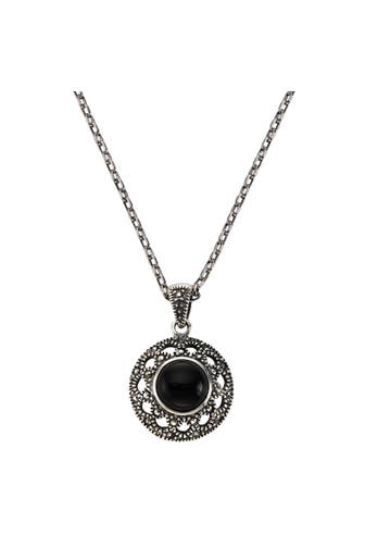 ZEEME Kette Silber 925 oxydiert 45cm lang mit schwarzem Achat 10mm schwarz
