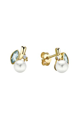 FASCINATION BY ELLEN K. Ohrringe Gold 375 mit weißer Perle 6,5mm, echtem Blautopas (beh.) und Zirkonia weiß gelb
