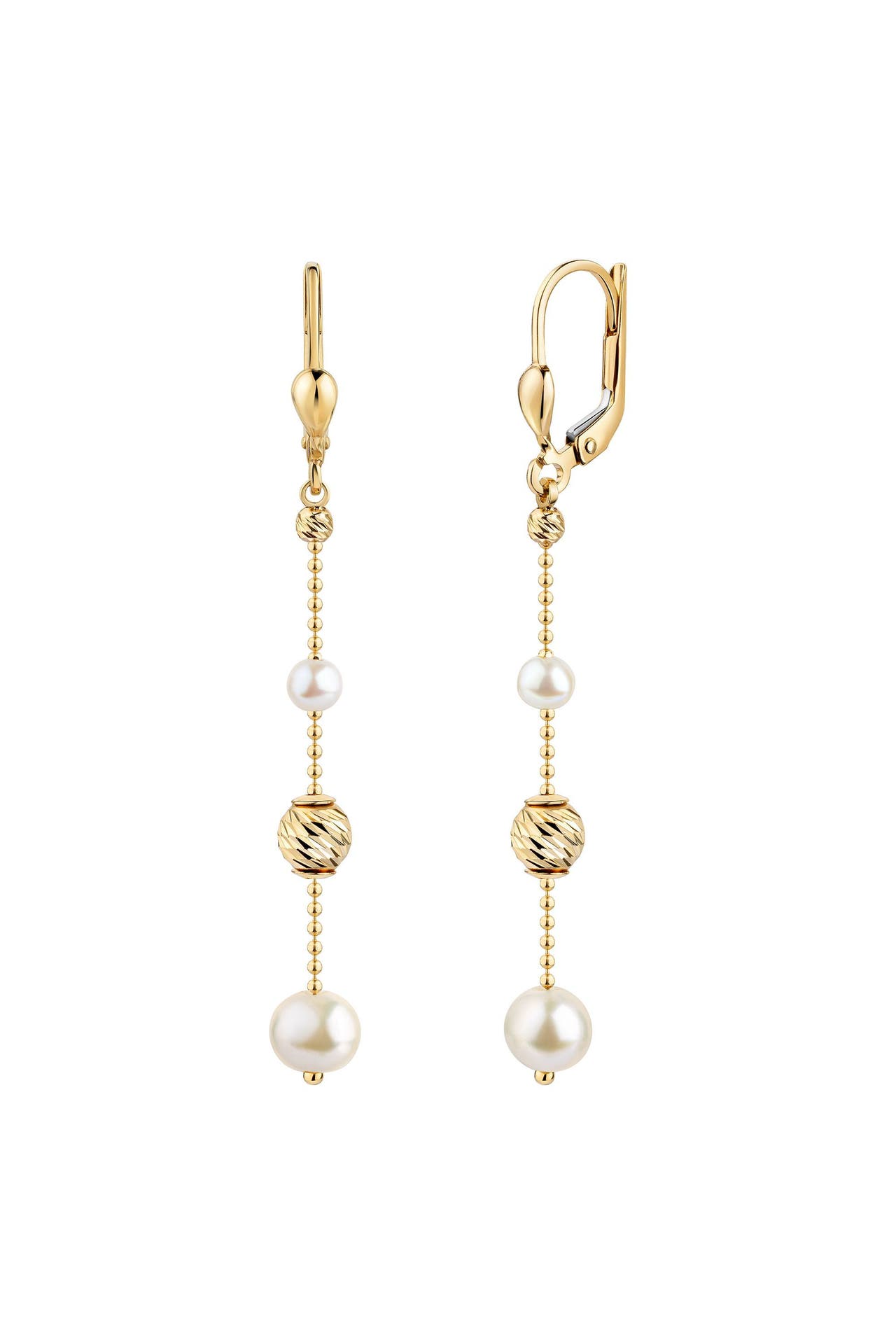 FASCINATION BY ELLEN K. Ohrringe Gold 585 mit diamantierten Gold-Kugeln und weißen Perlen 5,7cm lang gelb, Bild 1