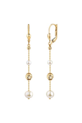 FASCINATION BY ELLEN K. Ohrringe Gold 585 mit diamantierten Gold-Kugeln und weißen Perlen 5,7cm lang gelb