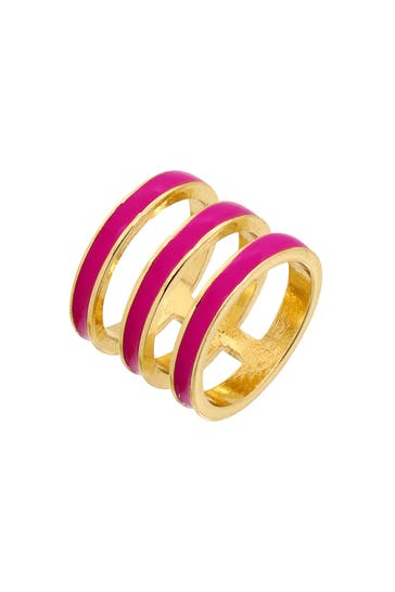 FASHIONBOX Ring rot vergoldet dreireihig mit Emaille-Einlage pink