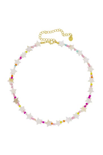 FASHIONBOX Kette Messing  vergoldet mit weissen Sternen und Perlen in pastell mehrfarbig
