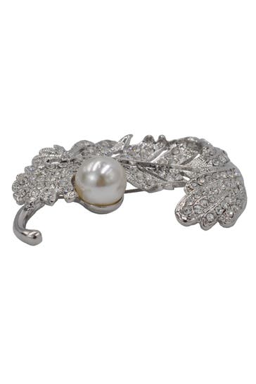 STEUER Brosche Metall Feder Glasstein Perle weiß