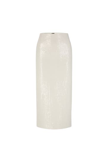 WINDSOR. Rock Pailletten-Chiffon-Bleistift-Rock in Midi-Länge in Ecru