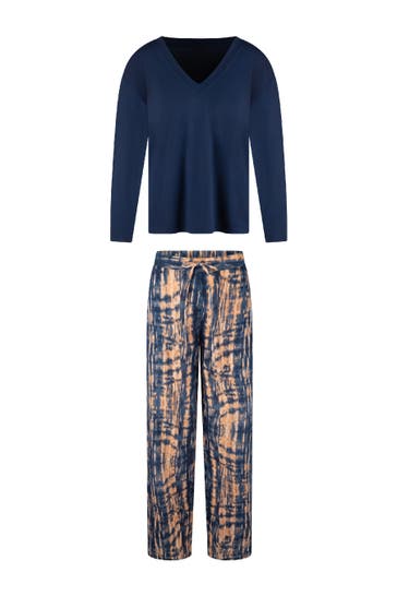 LINGADORE Pyjama Nachtwäsche Tie dye dark denim/apricot