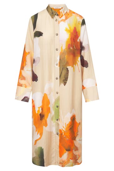 FÉRAUD Strandkleid im Blumen-Druck Wasserfarben Herrenhemdstil Webware Viskose/Leinen -