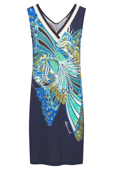 FÉRAUD Strandkleid Ärmellos mit Schmetterlings-Druck Blau-Türkis Viskose/Elasthan -