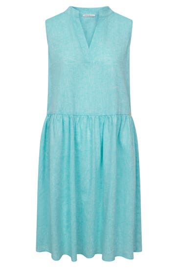 FÉRAUD Strandkleid aus Strukturware Türkis mit Glanznähten Webware Leinen/Baumwolle -
