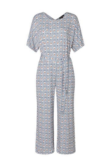 MORE & MORE Jumpsuit small ethnic print blue and clay brown Loose Fit