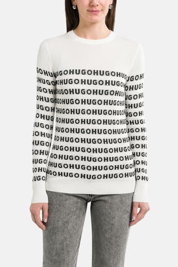 HUGO Strickpullover 'Sestrick' weiß gemustert