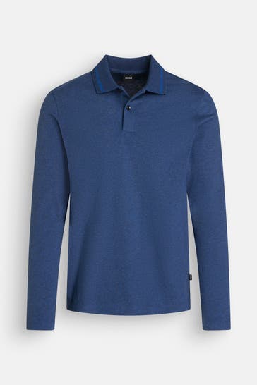 BOSS Langarm-Polo dunkelblau meliert