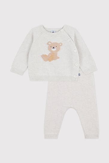 PETIT BATEAU Set: Strickpullover und Strickhose hellgrau