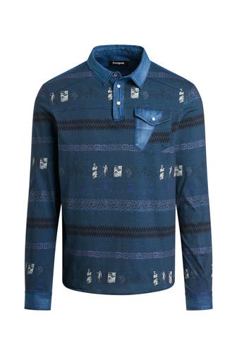 DESIGUAL Langarm-Polo blau gemustert