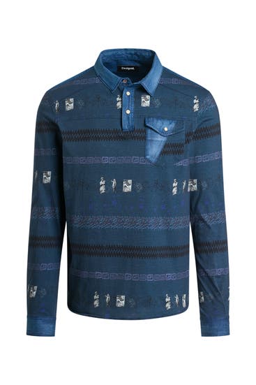 DESIGUAL - Langarm-Polo blau gemustert