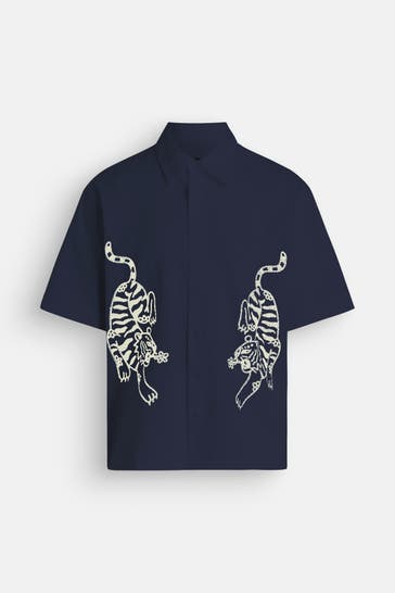 WOODBIRD Leinenmix-Kurzarmhemd 'Wang Tiger' blau