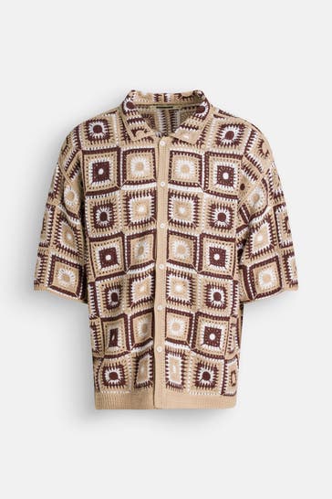 WOODBIRD Kurzarmhemd braun Loose Fit