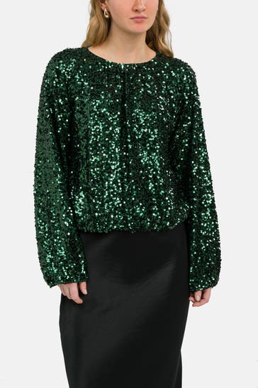 NEO NOIR Pailletten-Bluse dunkelgrün gemustert