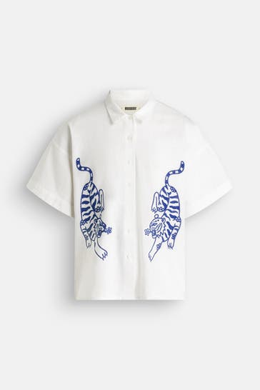 WOODBIRD Leinenmix-Kurzarmhemd 'Banks Tiger' weiß