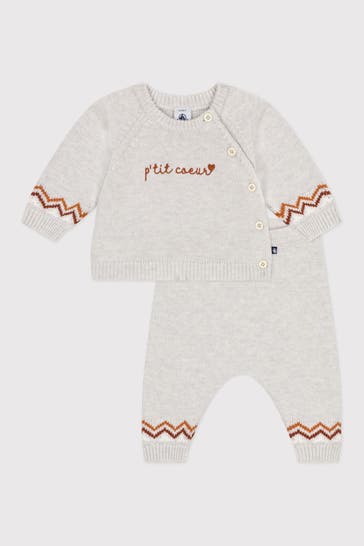 PETIT BATEAU Set: Strickpullover und Strickhose hellgrau