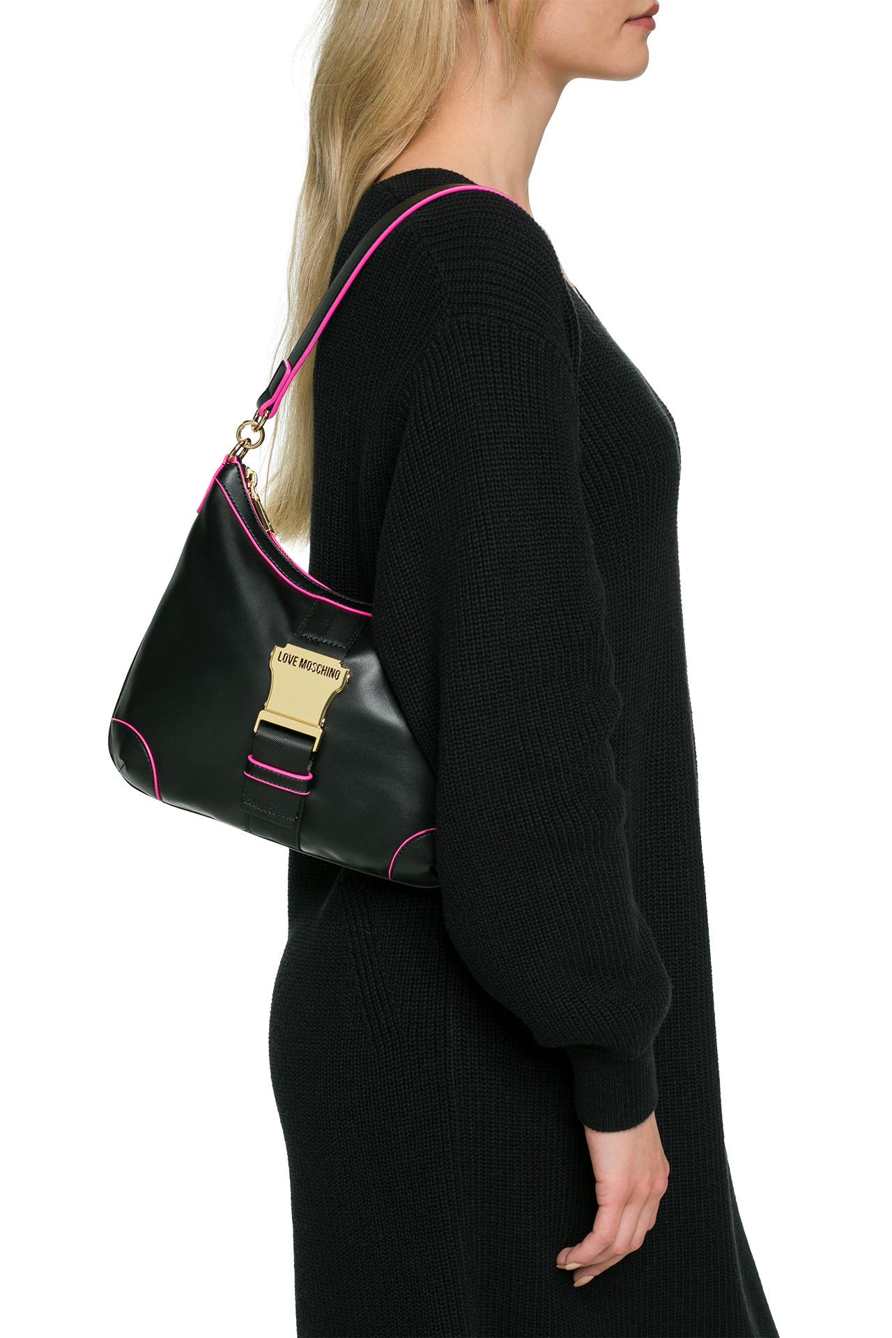 Love Moschino Schultertasche Damen – Quilted, Aus Kunstleder, Schwarz, Praktischer Klettverschluss